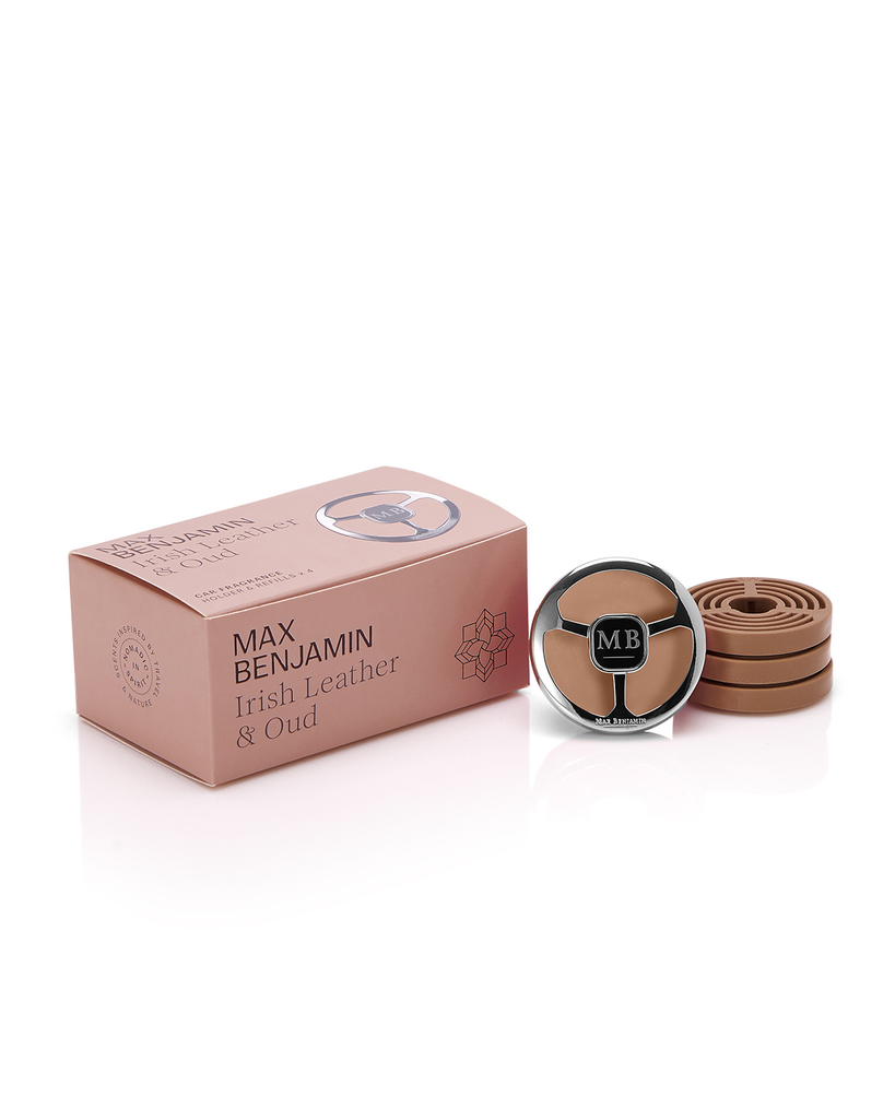 MB Car Fragrance Holder + 4 Refills Gift Set Irish Leather & Oud